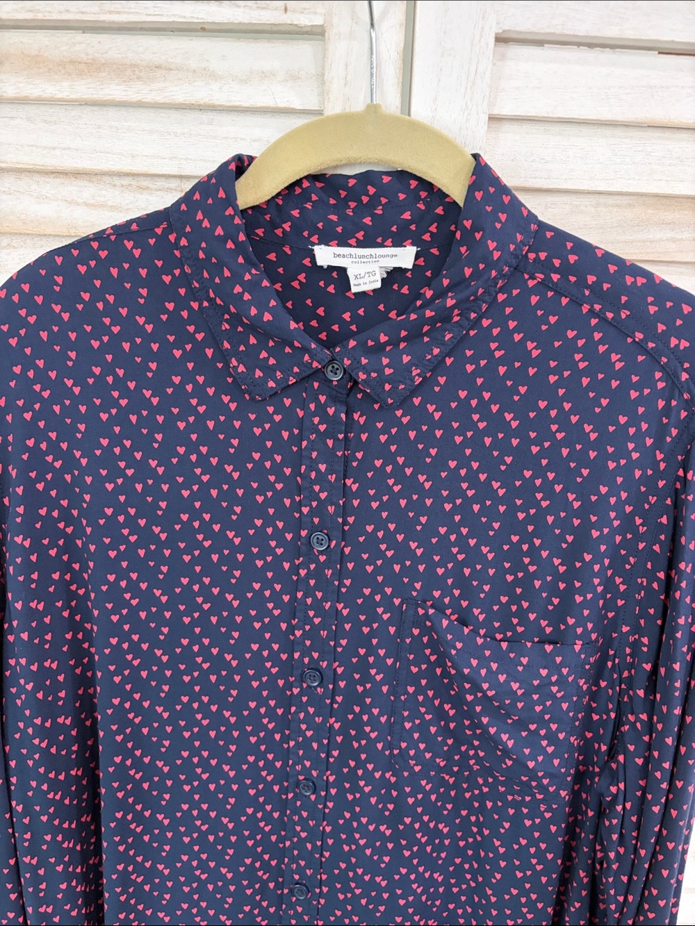 beachlunchlounge Navy Button-Down Shirt with Pink Heart Print